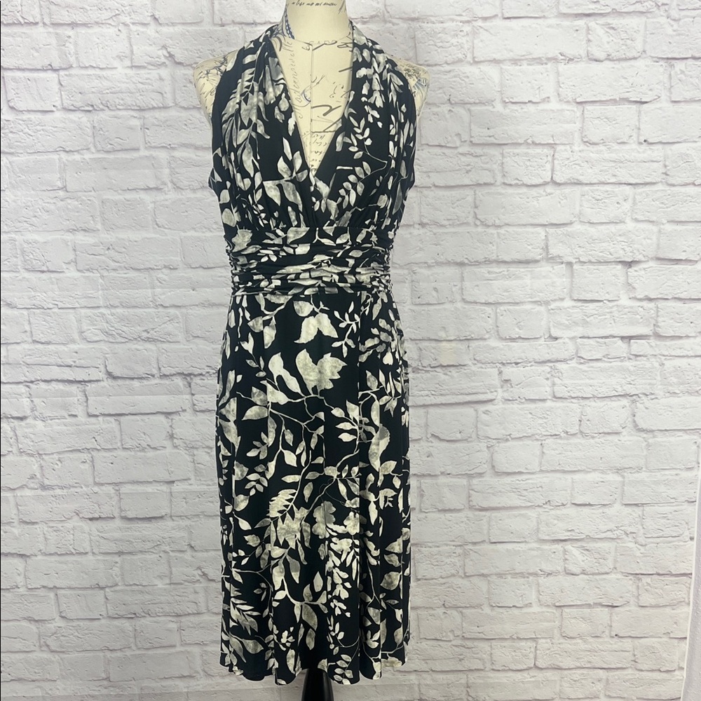 Evan Picone Black and White Floral Halter Midi Dress